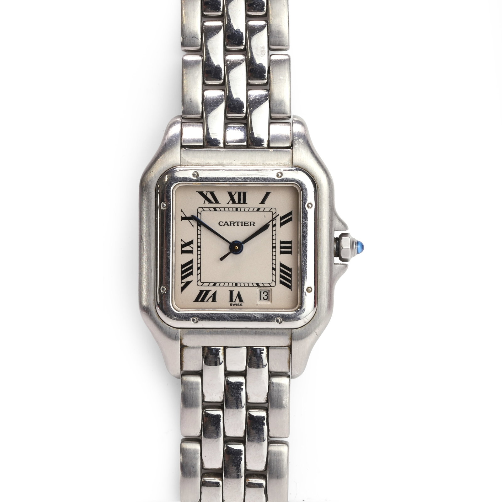 Cartier, a stainless steel Panthère quartz wristwatch,: Cartier, a stainless steel Panthère quartz wristwatch, model 1310, stainless steel case, rounded square polished bezel, white dial, Roman numerals, blued spade hands, date aperture at five, blue 