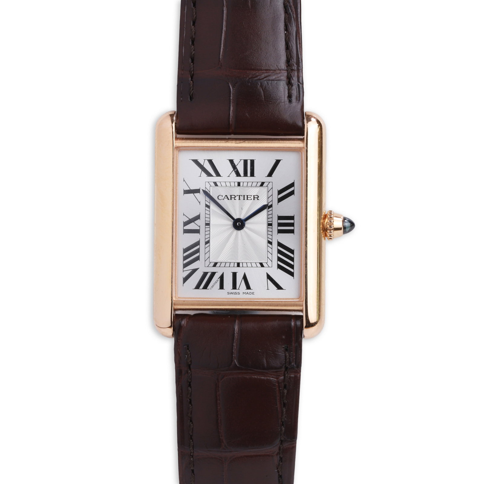 Cartier, an 18ct pink gold Tank Louis mechanical strap watch,: Cartier, an 18ct pink gold Tank Louis mechanical strap watch, reference 3816; polished pink gold rectangular case, silvered guilloche dial with black Roman numerals, blued hands, case back secured by 