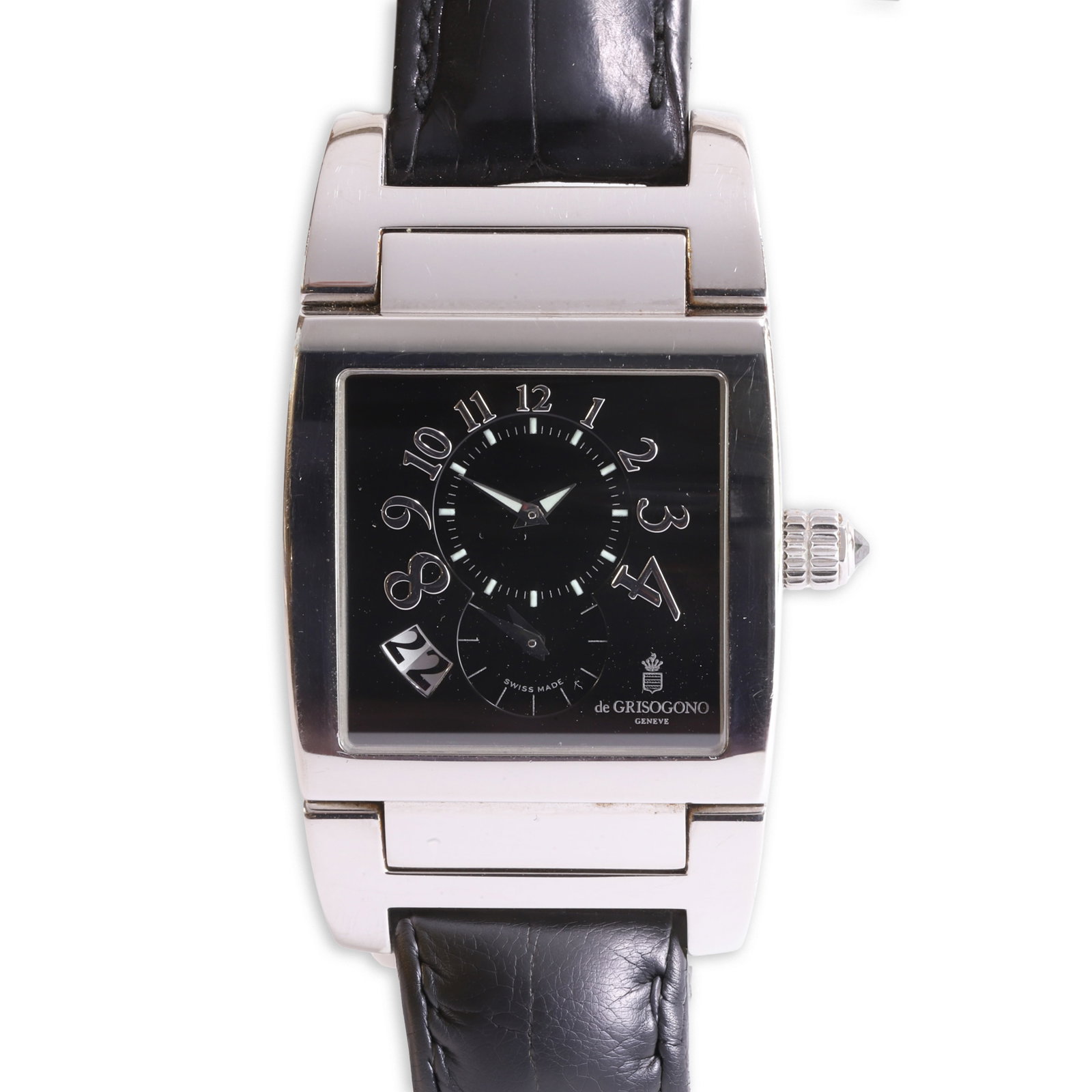 De Grisogono, a stainless steel 'Instrumento Uno' dual time automatic wristwatch,: De Grisogono, a stainless steel 'Instrumento Uno' dual time automatic wristwatch, ref. UNO/DF; stainless steel polished case, black dial with applied silvered graduating Arabic numerals, double dial, 