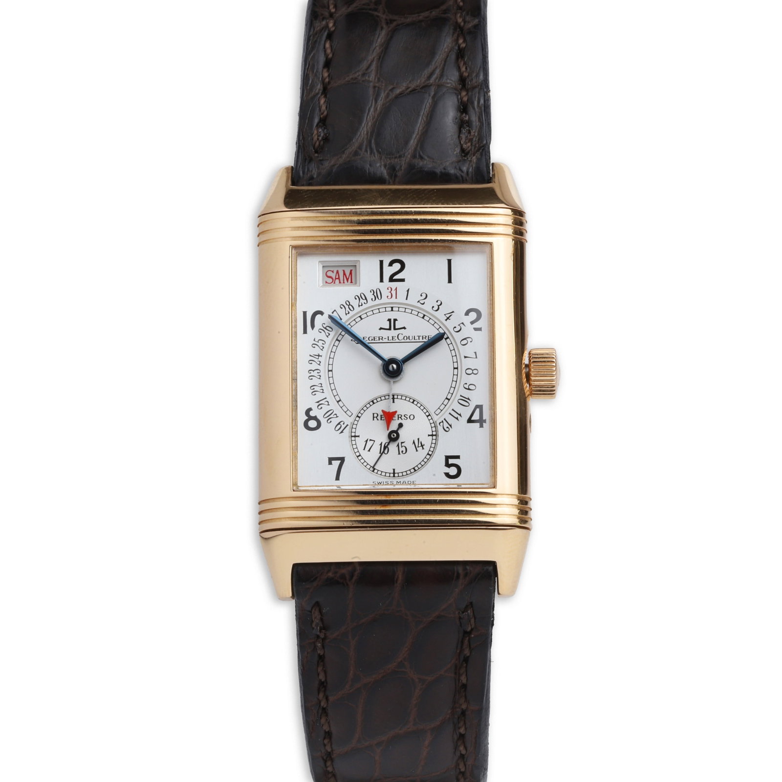 Jaeger-LeCoultre, an 18ct gold Reverso Grande Taille mechanical strap watch,: Jaeger-LeCoultre, an 18ct gold Reverso Grande Taille mechanical strap watch, reference 270.2.36; 18ct rose gold rectangular case, silvered dial, Arabic numerals, central minute and calendar track with