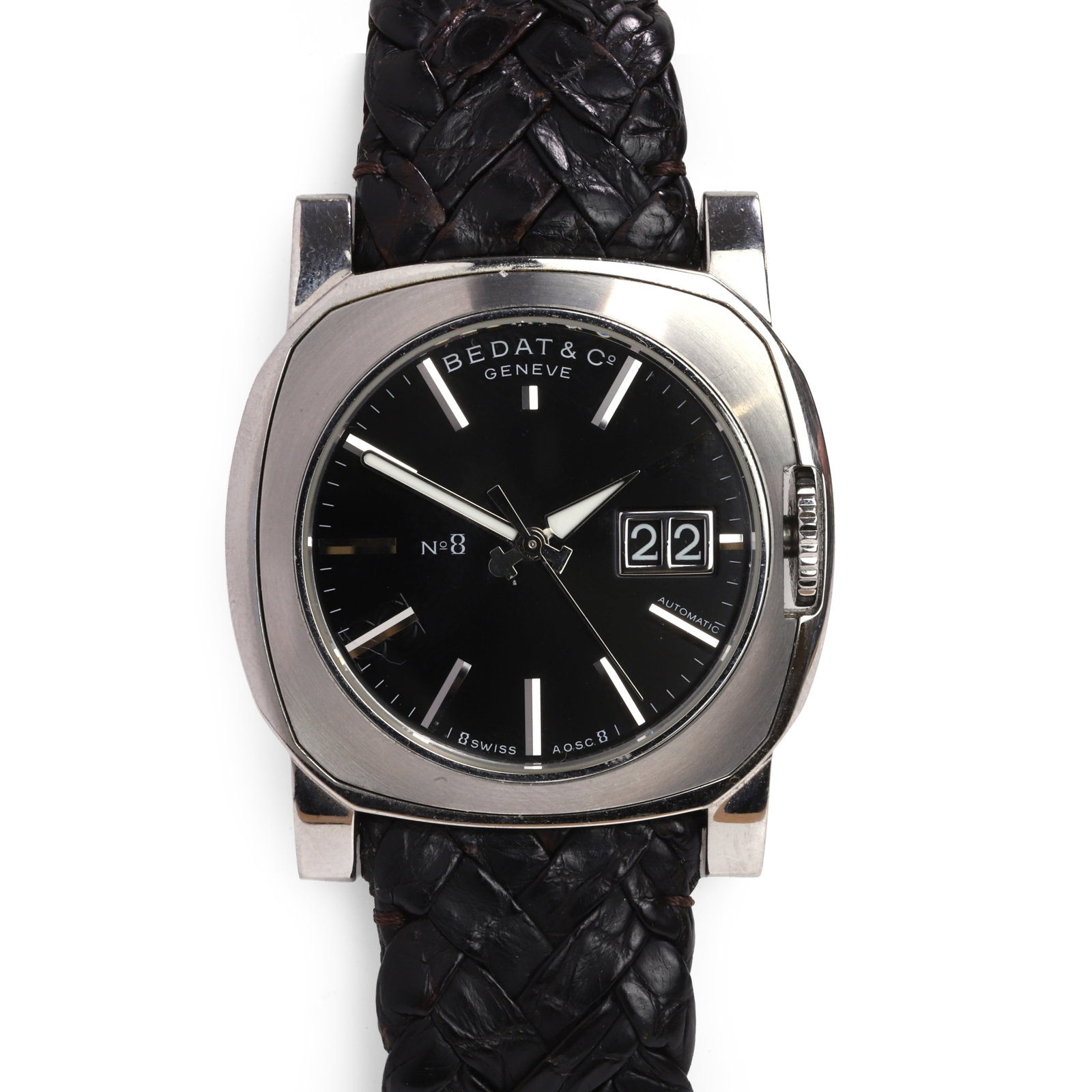 Bedat & Co, a stainless steel 'No 8' automatic wristwatch,: Bedat & Co, a stainless steel 'No 8' automatic wristwatch, ref. 888; cushion shaped stainless steel case with a black dial, raised silvered batons, luminous tipped hands, silvered seconds hand, date a