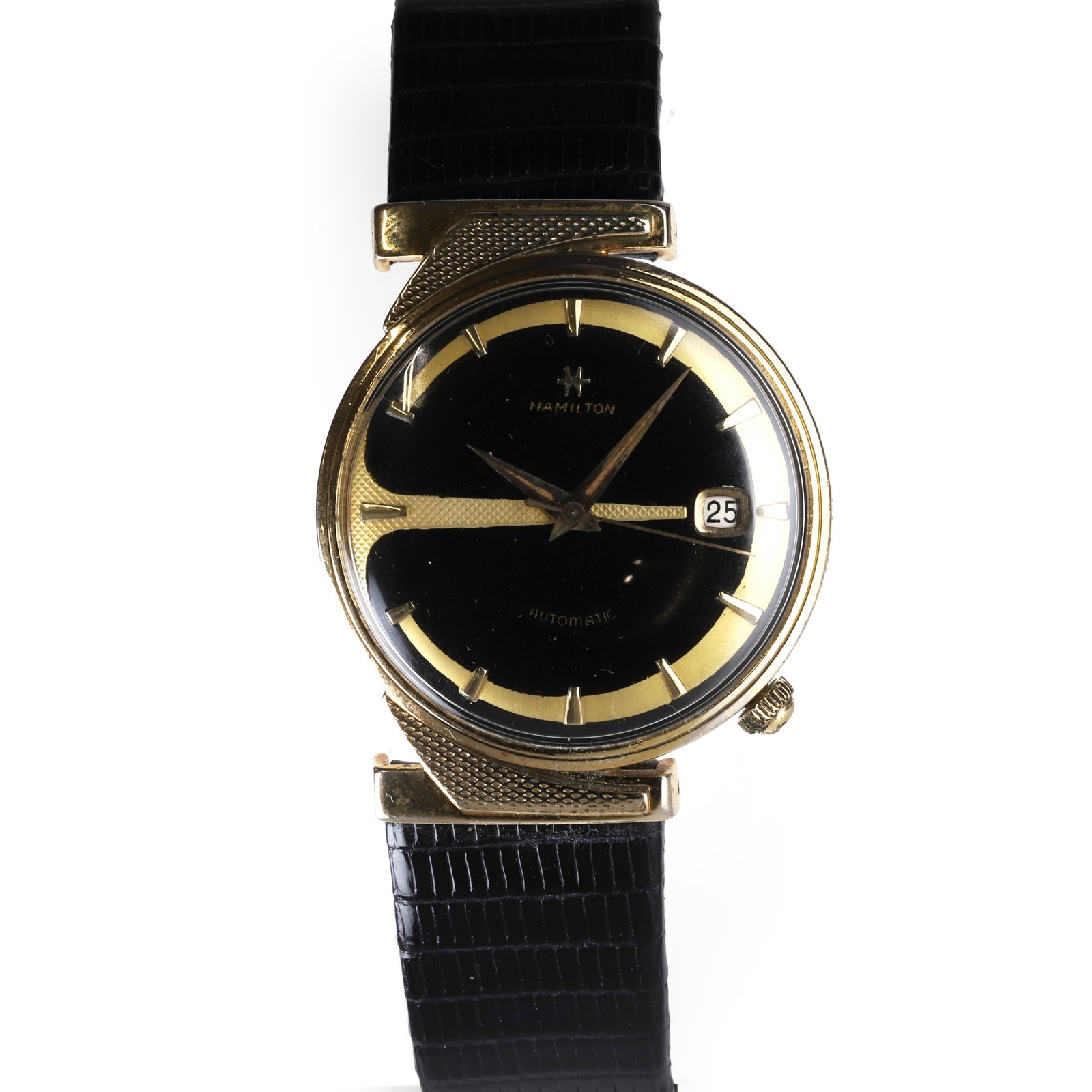 Hamilton, a gold filled K475 mechanical strap watch, circa 1960,: Hamilton, a gold filled K475 mechanical strap watch, circa 1960, the circular case offset to one side, the caseback inscribed 'Forever Yours', with a black enamel dial, gilt baton hour markers, gilt s