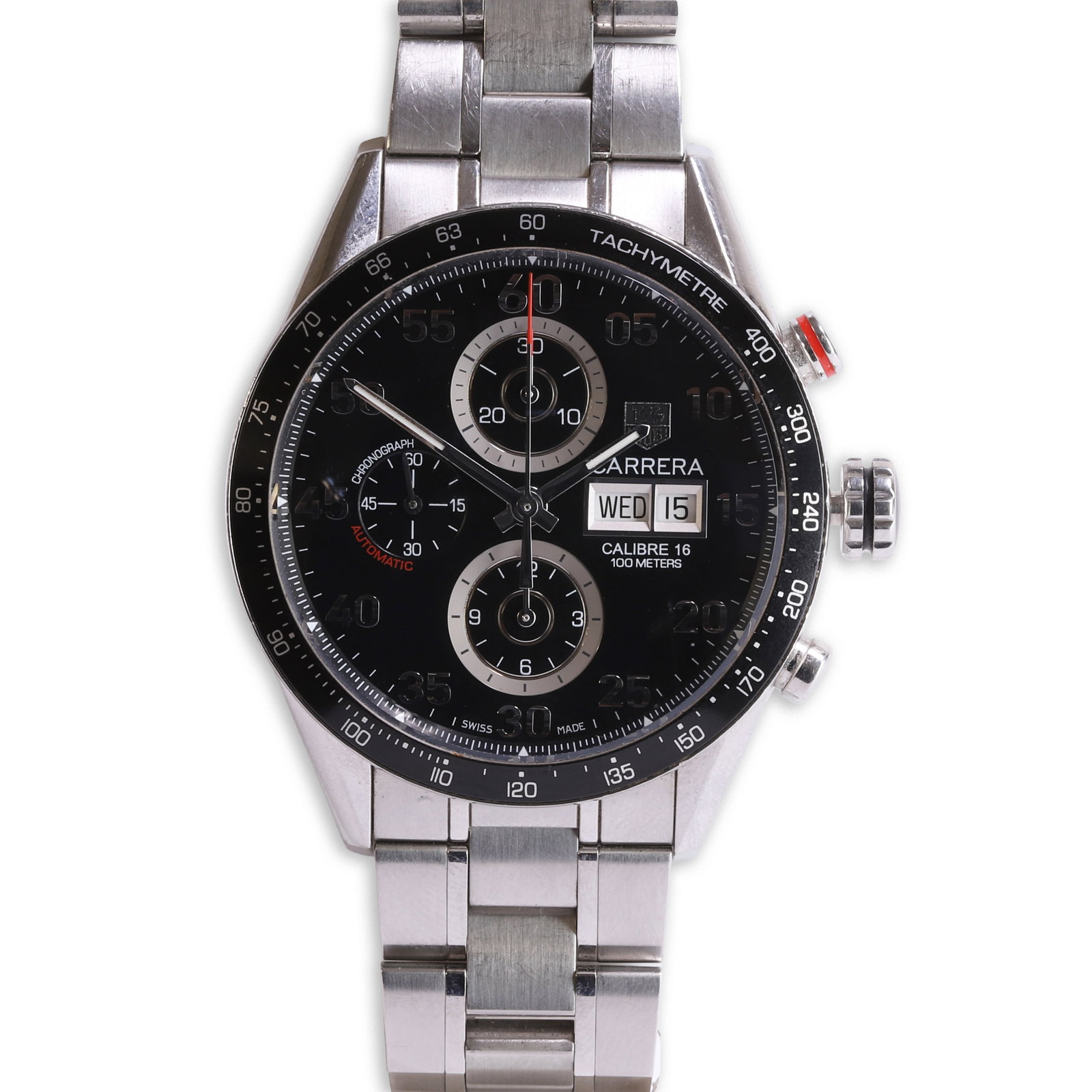 Tag Heuer, a stainless steel Carrera automatic bracelet watch,: Tag Heuer, a stainless steel Carrera automatic bracelet watch, ref. CV2A10; stainless steel case, black tachymeter bezel, black dial with subsidiary dials at 6, 9, 12; day date aperture at 3, silvered