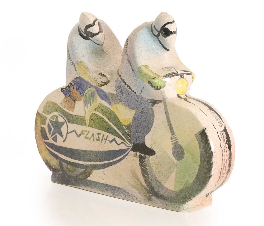 An Art Deco-style ceramic motorcyclist, 20th century, (1 of 5)