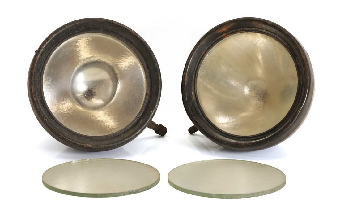 A matching pair of pre-war Rotax headlights, circa 1920s/30s,: A matching pair of pre-war Rotax headlights, circa 1920s/30s, finished in black paint over brass, fitted with correct dimpled lenses and silvered reflectors, together with another pair of replacement 