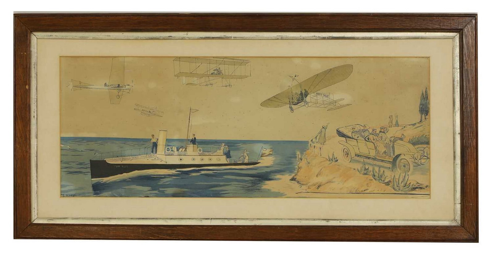 After Marguerite 'Gamy' Montaut circa 1910: After Marguerite 'Gamy' Montaut circa 1910 a hand-coloured pochoir lithograph, depicting aeroplanes, automobiles and a coastal steam launch (28 x 72cm, framed and glazed)
