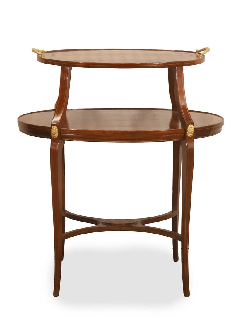 A mahogany parquetry inlaid two tier étagère, circa 1900,: A mahogany parquetry inlaid two tier étagère, circa 1900, with two-tapering tiers, with a shaped apron, gilt mounts to the legs and sides 76cm wide, 51cm deep, 87cm high Condition Report: