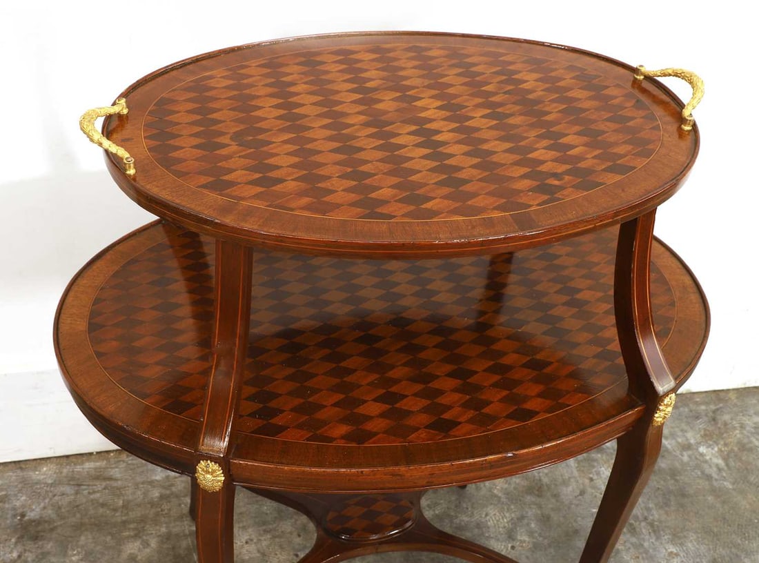 A mahogany parquetry inlaid two tier étagère, circa 1900, - 2