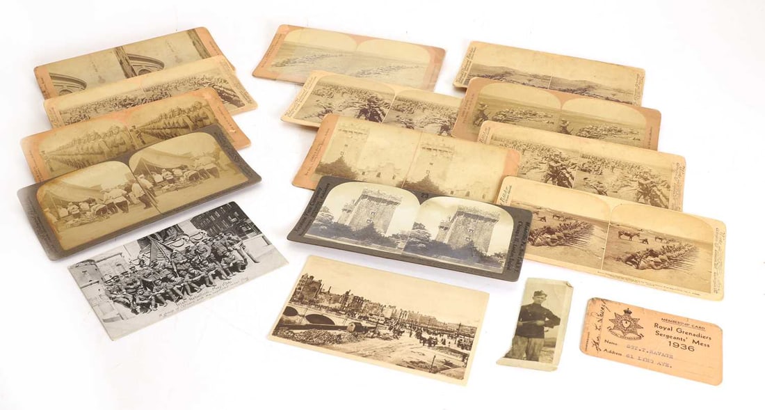 Irish Rebellion May 1916 Ephemera, and Royal Munster Fusiliers Stereo View Cards,: Irish Rebellion May 1916 Ephemera, and Royal Munster Fusiliers Stereo View Cards, Three images and a later membership card relating to the Irish Rebellion of May 1916, including a post card captioned