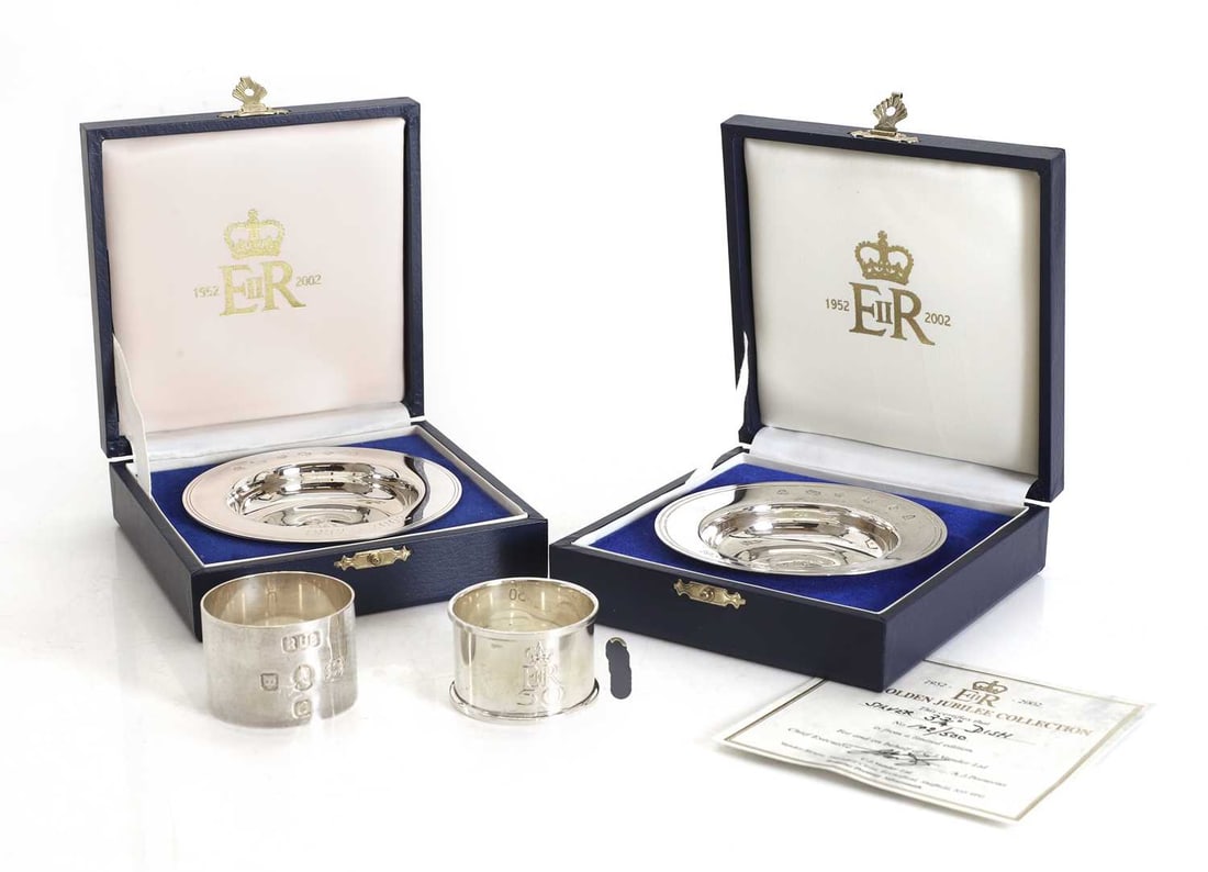 A collection of Elizabeth II commemorative silverwares,: A collection of Elizabeth II commemorative silverwares, to include two silver pin dishes commemorating The Golden Jubilee, by C J Vanders Ltd, Sheffield, 2002, cased and one with edition certificate,