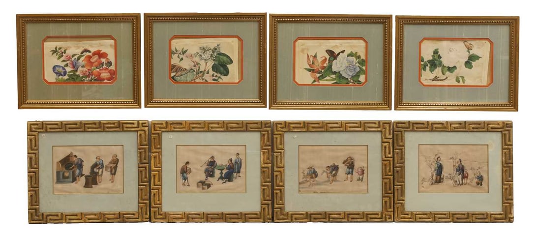 Two sets of four Chinese pith paper pictures of tradespeople and botanical subjects, 19th century,: Two sets of four Chinese pith paper pictures of tradespeople and botanical subjects, 19th century, mounted, glazed and framed 1st set, 15 x 21cm, overall, 32.5 x 37cm; 2nd set, 26 x 16.5cm, overall,