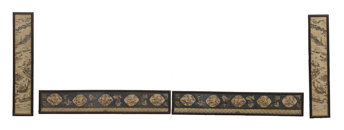 A group of four Chinese embroideries, 19th-20th century,: A group of four Chinese embroideries, 19th-20th century, two of horizontal orientation, with shaped cartouches enclosing buildings, foliage, and landscape scenes on a blue ground decorated with