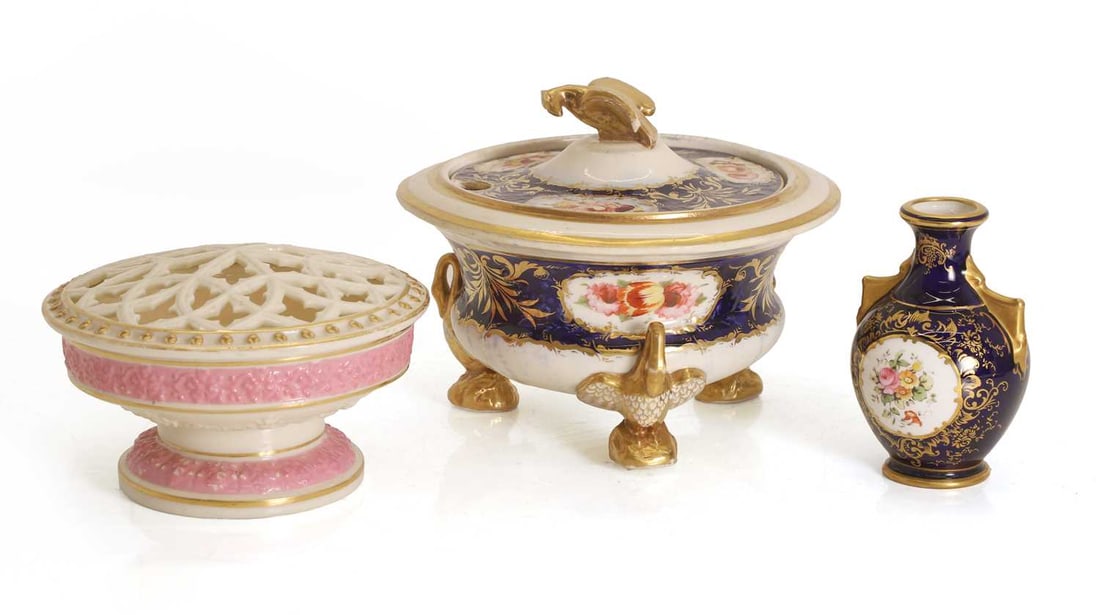 A Coalport miniature vase,: A Coalport miniature vase, with foliate sprays in gilt-bordered reserves, together with another similar style covered urn, with royal blue ground, and a Grainger Worcester pot pourri bowl and cover, w