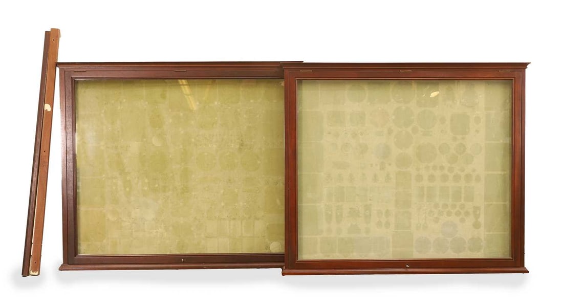 A pair of mahogany and glazed cabinets, 20th century,: A pair of mahogany and glazed cabinets, 20th century, with light blue lining to the interior 107.5cm wide, 8.5cm deep, 92cm high 2 Condition Report: Sunbleaching to the material inside. Some water