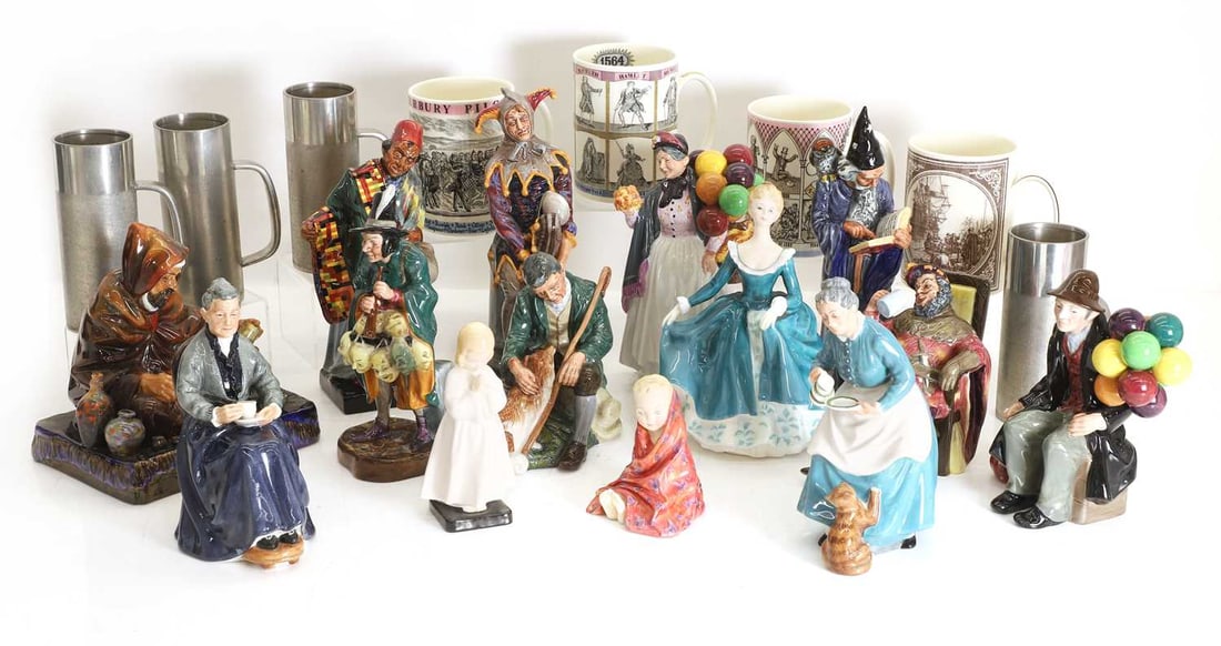 Three Wedgwood Gilbert & Sullivan mugs,: Three Wedgwood Gilbert & Sullivan mugs, to include 'The Mayflower', a William Shakespeare, Geoffrey Chaucer, and Gilbert and Sullivan examples, a collection of Royal Doulton figures, to include 'The