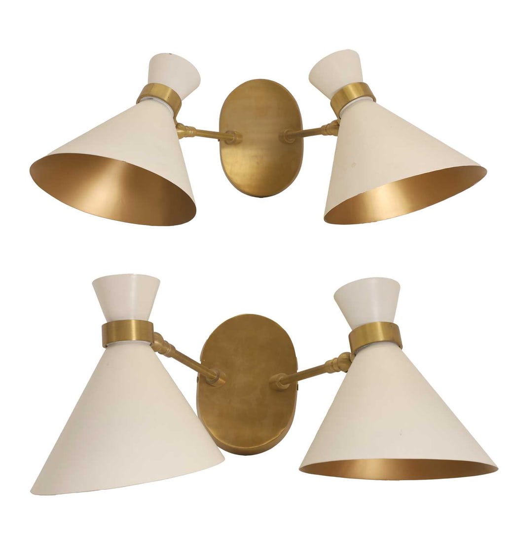 A pair of wall lights, of modern manufacture,: A pair of wall lights, of modern manufacture, brass, the two branches with conical shade 57cm wide, 42cm high 2
