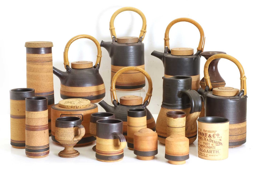 A collection of studio ceramics,: A collection of studio ceramics, to include George Dear sugar jar, and tea jar, together with a collection of stoneware teapots, with bamboo handles, most stamped with mark to the base Sugar Jar,