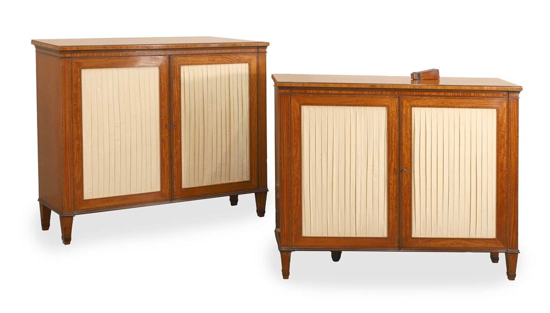 A pair of satinwood inlaid side cabinets, 19th century,: A pair of satinwood inlaid side cabinets, 19th century, each crossbanded, with two silk pleated panels to the doors, opening to reveal two adjustable shelves 109.5cm wide, 34.5cm deep, 91.5cm high 2