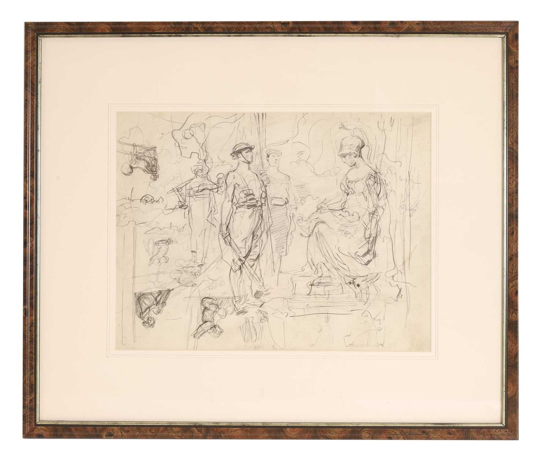 Attributed to Fortunino Matania (Italian/British 1881–1963) Study of Athena drawing two soldi: Attributed to Fortunino Matania (Italian/British 1881–1963) Study of Athena drawing two soldiers pencil on paper, bears an inscription with the artist's name on the reverse 22.5 x 30cm