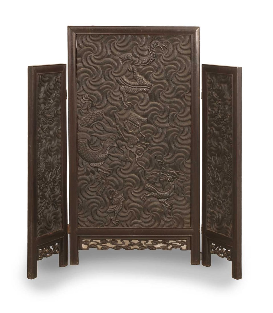 A Chinese carved wood folding screen, 20th century, (1 of 2)