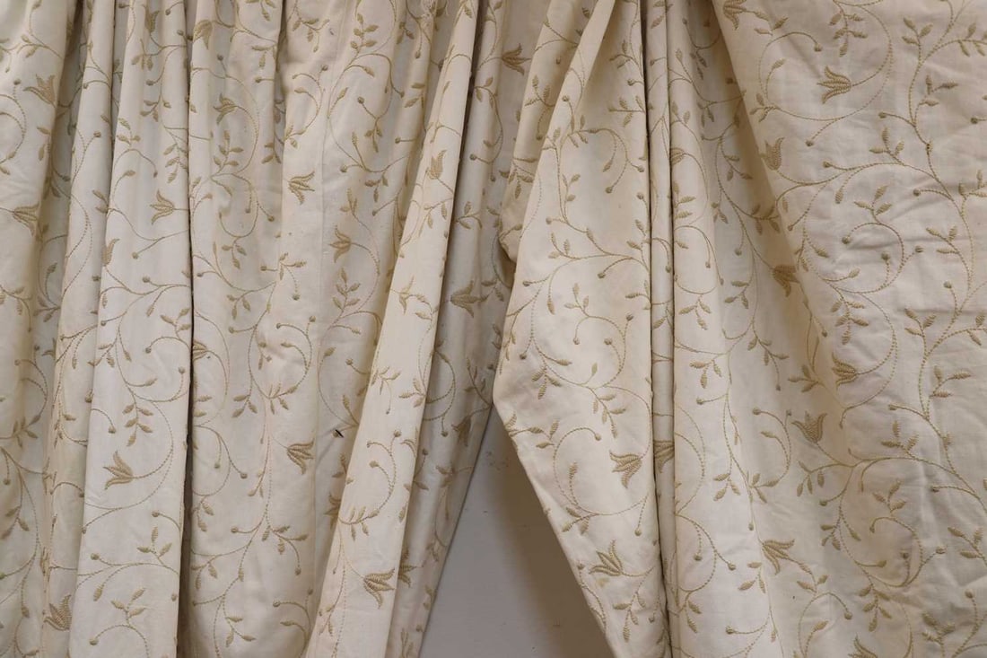 Two pairs of cream and embroidered curtains, of recent manufacture, - 2