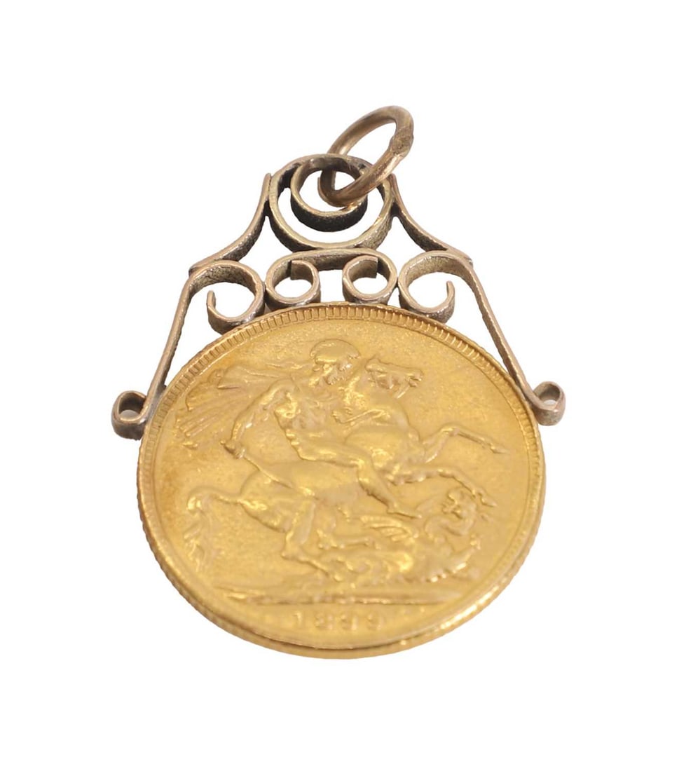 Coins, Great Britain, Victoria (1837-1901),: Coins, Great Britain, Victoria (1837-1901), Sovereign, 1899, F in a gold pendant mount (total weight 8.9 grams)