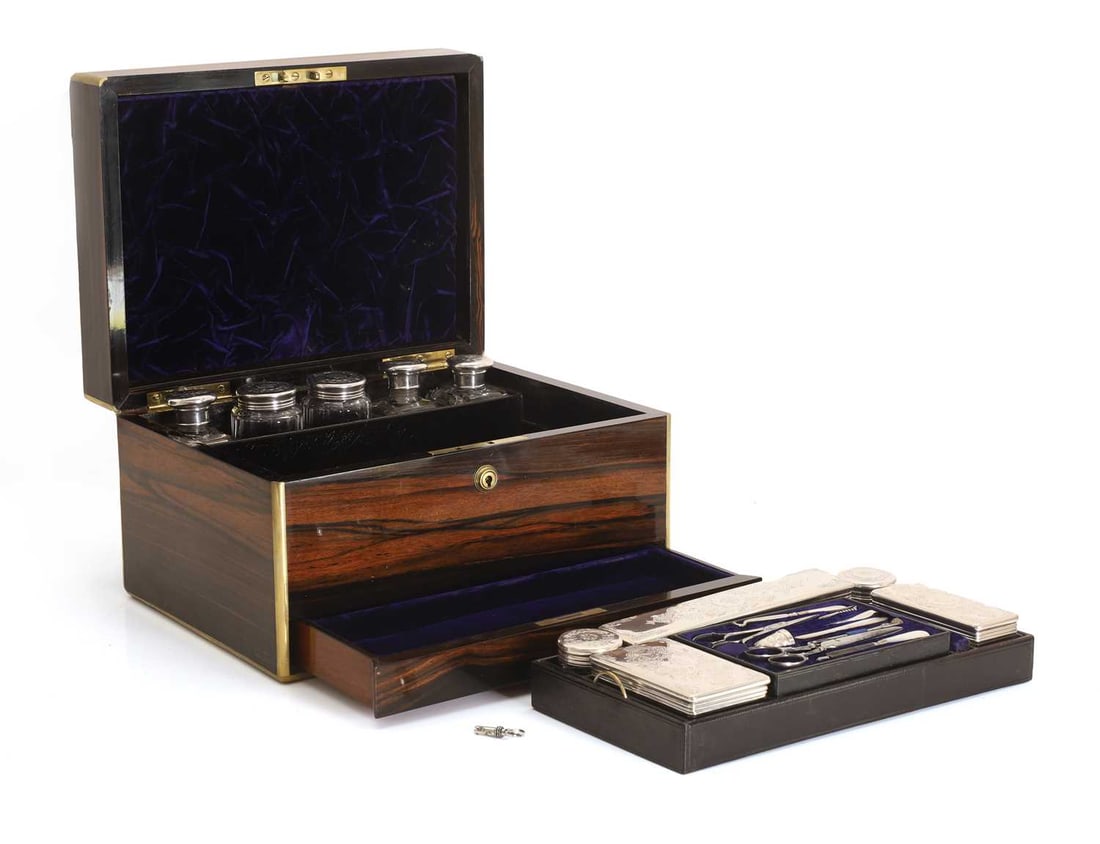 A coromandel and silver vanity set, - 2