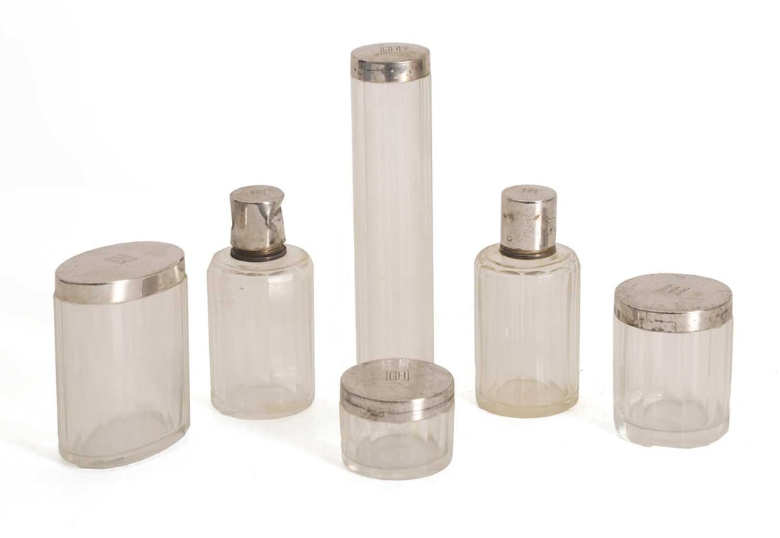 A set of Art Deco silver mounted glass vanity jars, (1 of 2)