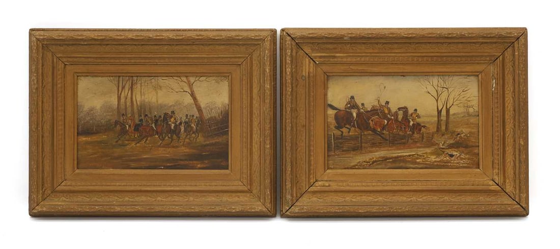 English School, 19th century Pair of Hunting Scenes: English School, 19th century Pair of Hunting Scenes oil on board both 13 x 21cm; Framed 25 x 32cm 2 Condition Report: In both works there is some surface dirt visible. The edges show areas of paint