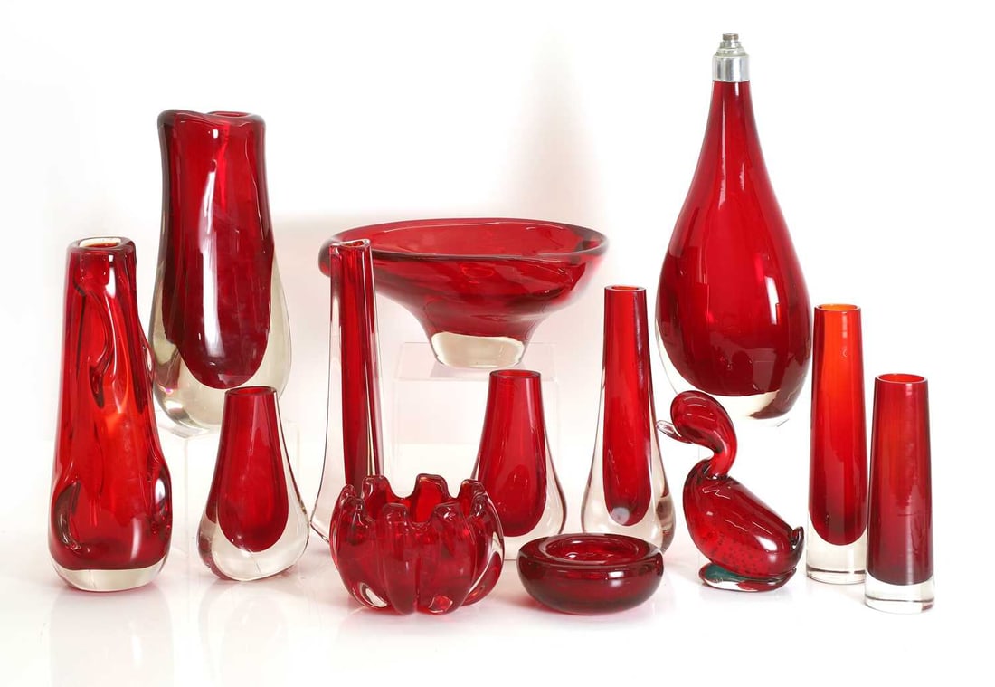 A collection of Whitefriars 'Ruby' glass items, 20th century (1 of 2)