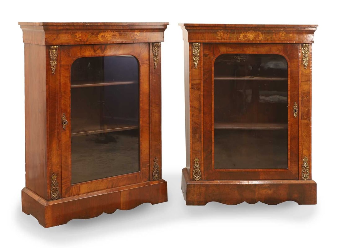 A matched pair of Victorian inlaid walnut pier cabinets, late 19th century,: A matched pair of Victorian inlaid walnut pier cabinets, late 19th century, each with glazed cupboards and two shelves, with cast gilt mounts 76cm wide, 32.5cm deep, 104cm high