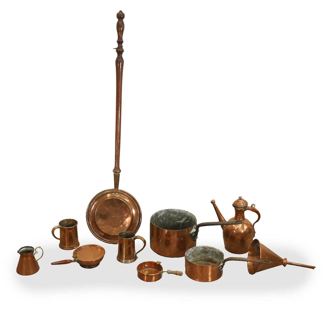 A collection of copper pans, 20th century, (1 of 2)