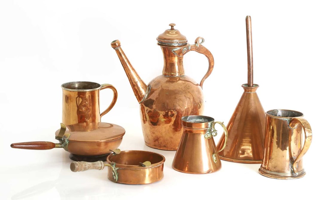 A collection of copper pans, 20th century, - 2