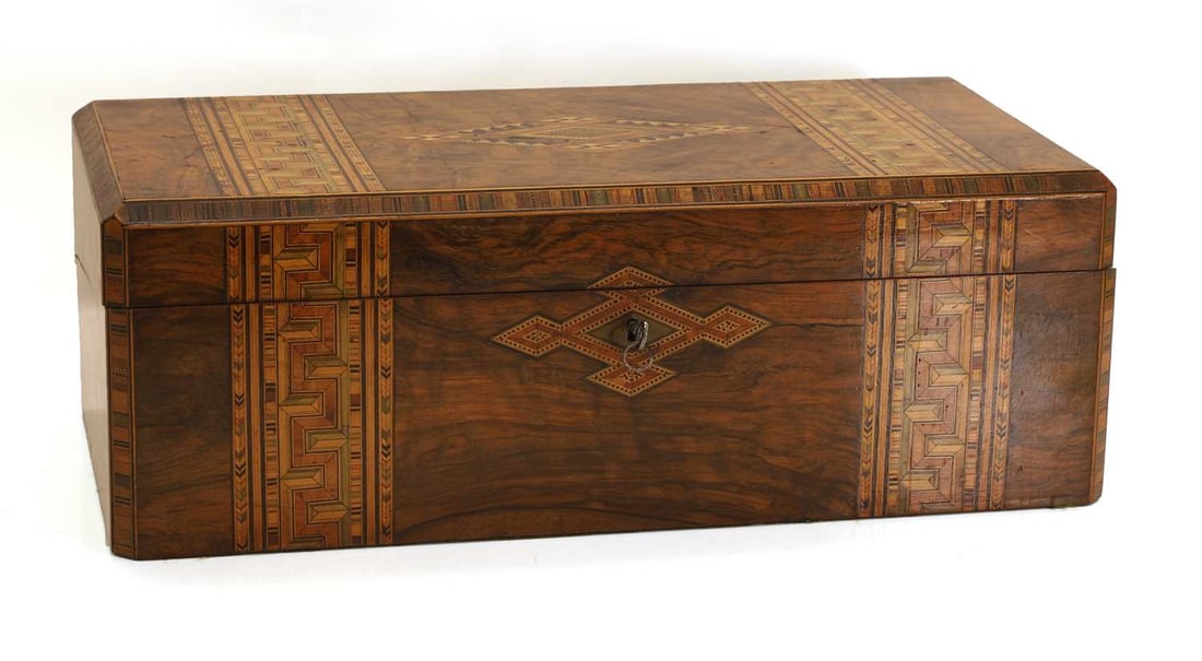 A marquetry inlaid writing slope, 19th century, (1 of 2)