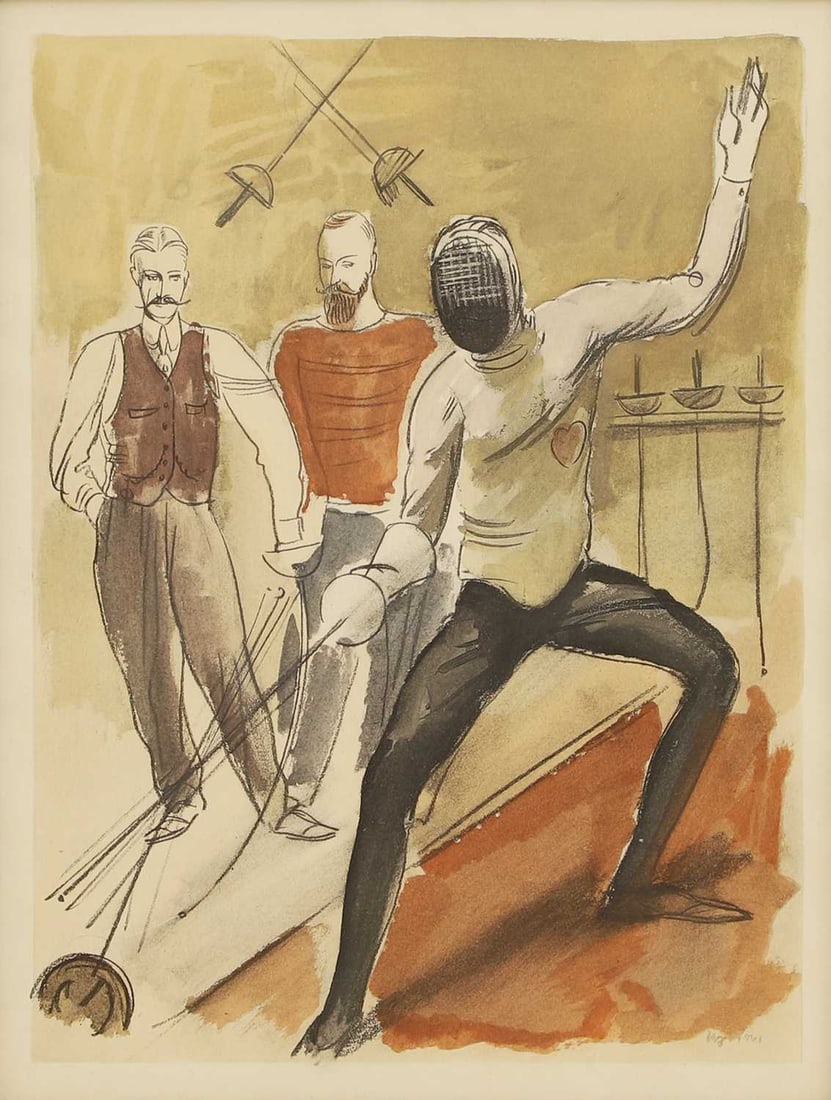 Milivoj Uzelac (Croatian-French, 1897-1977): Milivoj Uzelac (Croatian-French, 1897-1977) 'Les Joies du Sport' - fencing pochoir print, from an edition of 750 published by Maurice & Jacques Goddet, Paris, on the occasion of the 1932 Summer