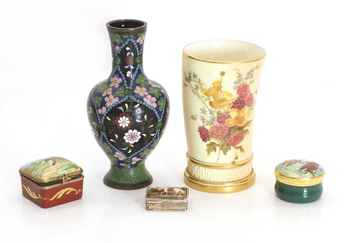 A Royal Worcester blush ivory vase,: A Royal Worcester blush ivory vase, decorated with a flower spray, with stamped mark to the base and numbered '1116', together with a cloisonne vase, 20th century, and a silver and enamelled pill