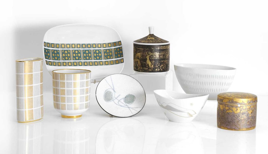A group of eight ceramics,: A group of eight ceramics, to include two Hutschenreuther Noblesse vases, each decorated with a linear design in gilt and brown, a Kronach OCA Bavaria covered dish, decorated with deer in gilt to a