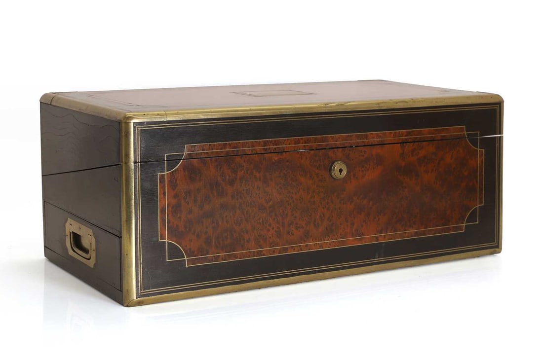 A burr walnut and ebonised writing slope, Victorian, (1 of 2)