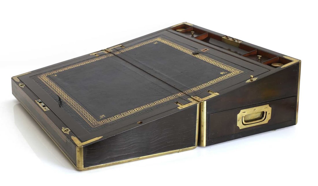 A burr walnut and ebonised writing slope, Victorian, - 2