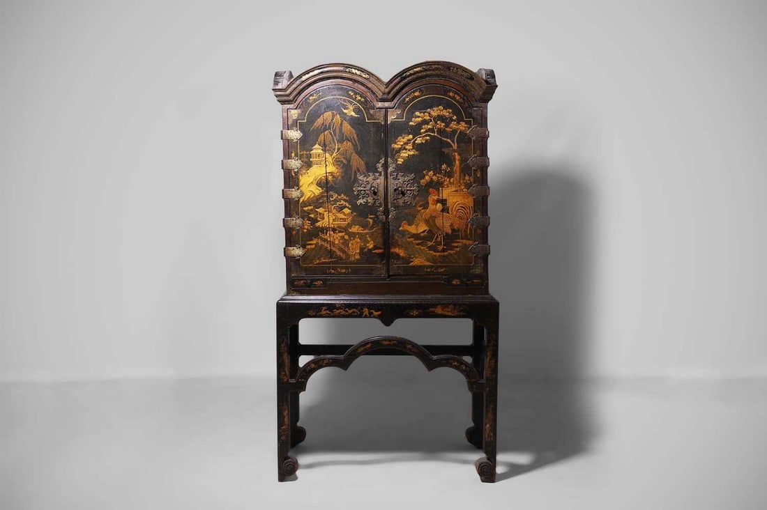 A Queen Anne black-and-gilt japanned cabinet-on-stand, early 18th century, (1 of 8)