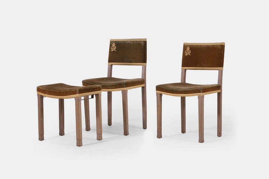 Two George VI bleached beech Coronation chairs and a stool, 1937, by Hands & Sons Ltd., (1 of 4)