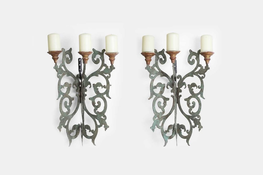A pair of patinated pierced-metal wall lights, 19th century, Continental, (1 of 4)