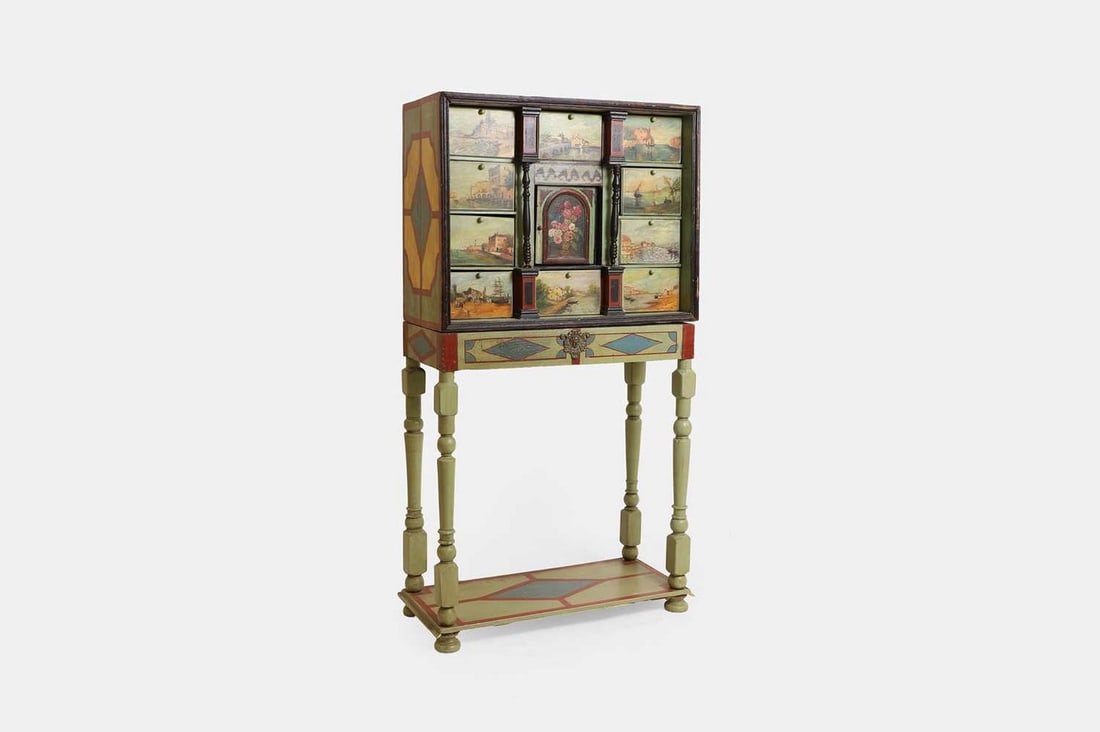 A painted wooden chest-on-stand, 19th century, Italian, (1 of 4)