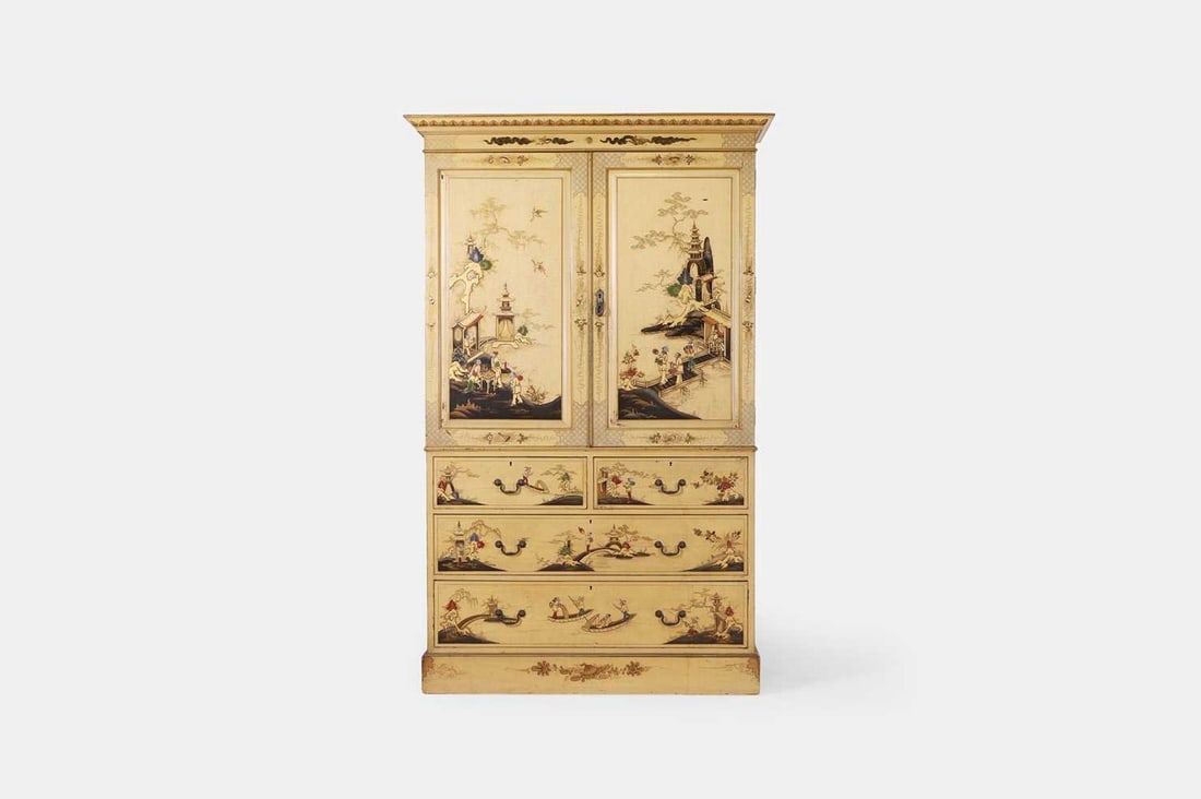 A George III-style cream-japanned linen press, early 20th century, (1 of 4)