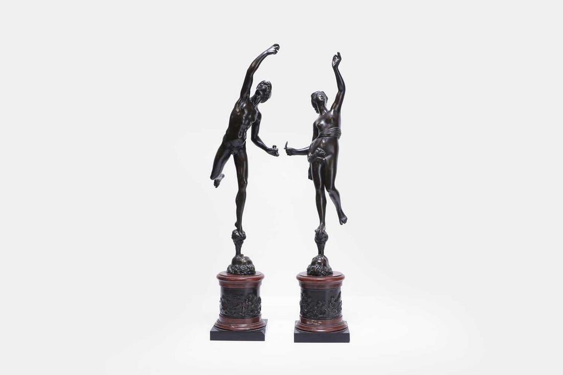 After Jean de Boulogne aka 'Giambologna', Mercury and Fortuna,: After Jean de Boulogne aka 'Giambologna', Mercury and Fortuna, a pair of patinated bronze figures, 19th century, each raised on a rosso antico marble and bronze pedestal base (approximately 9cm wide, 