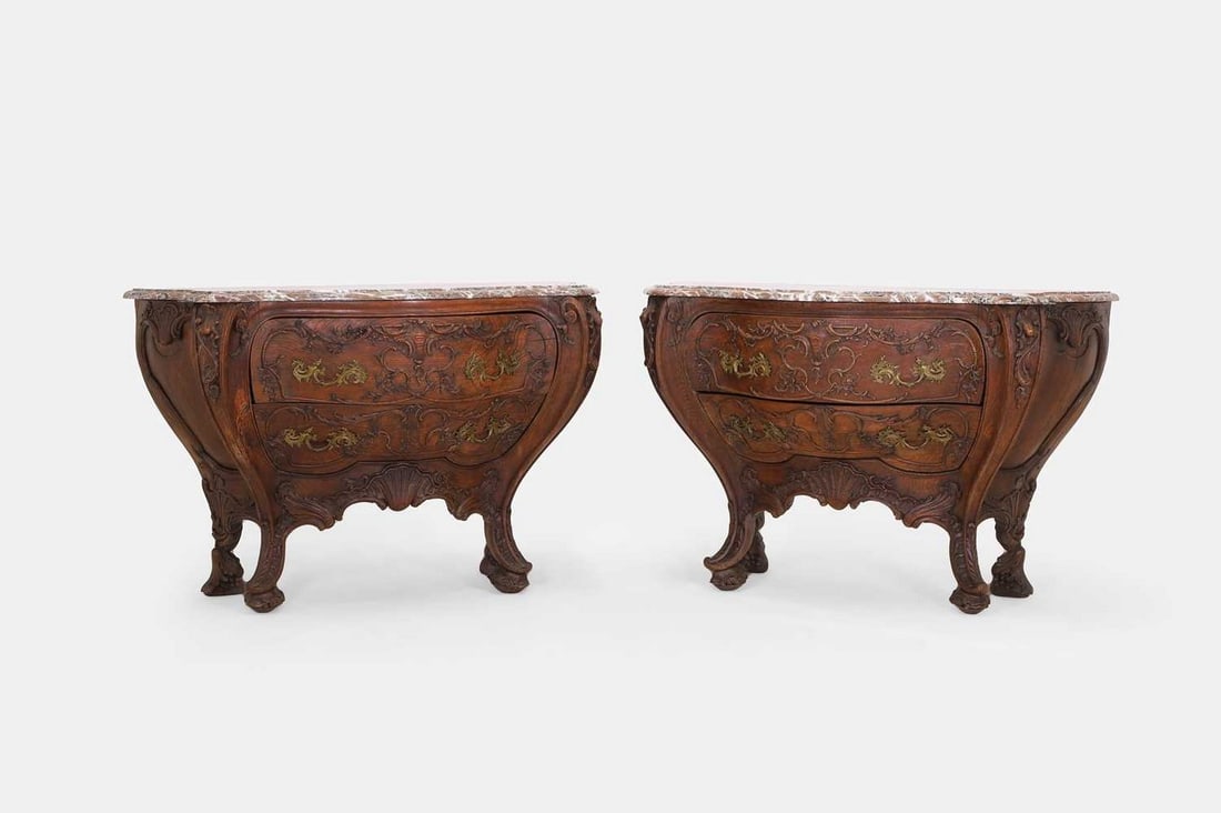 A pair of rococo oak and marble bombé commodes, second half of the 19th century, French or (1 of 6)