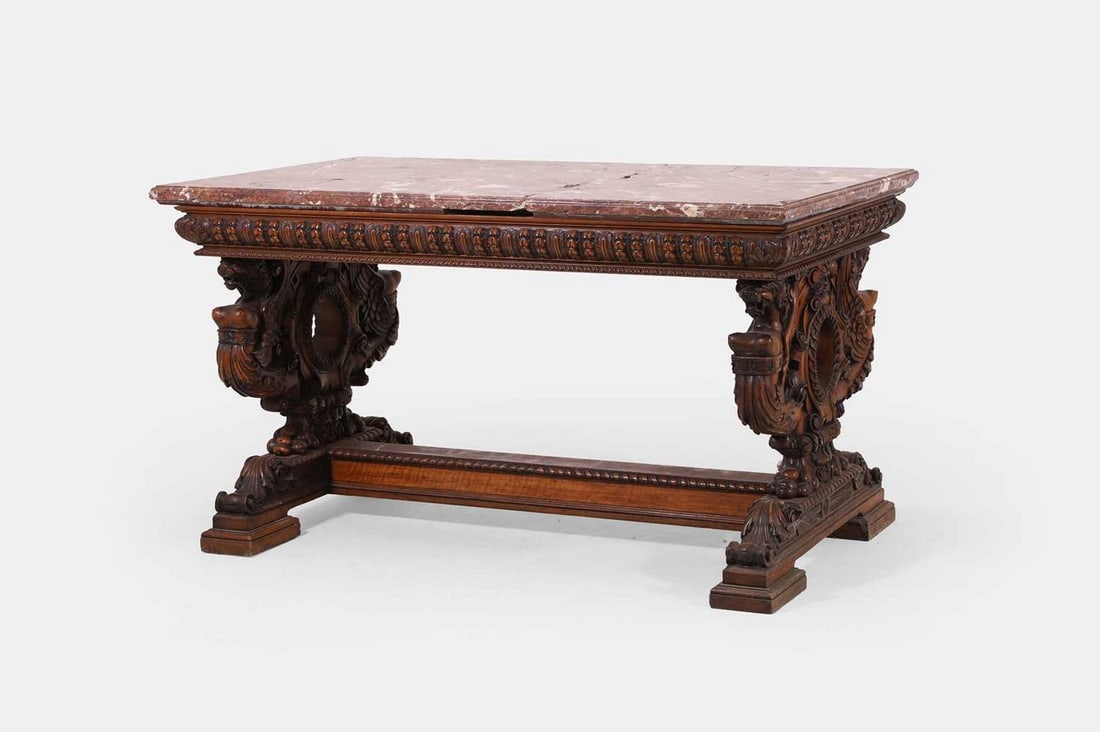 A Renaissance Revival marble and walnut centre table, 19th century, French, (1 of 3)
