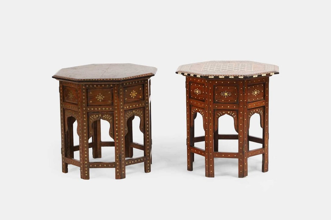 Two inlaid hardwood octagonal occasional tables, late 19th/early 20th century, Indian, (1 of 3)