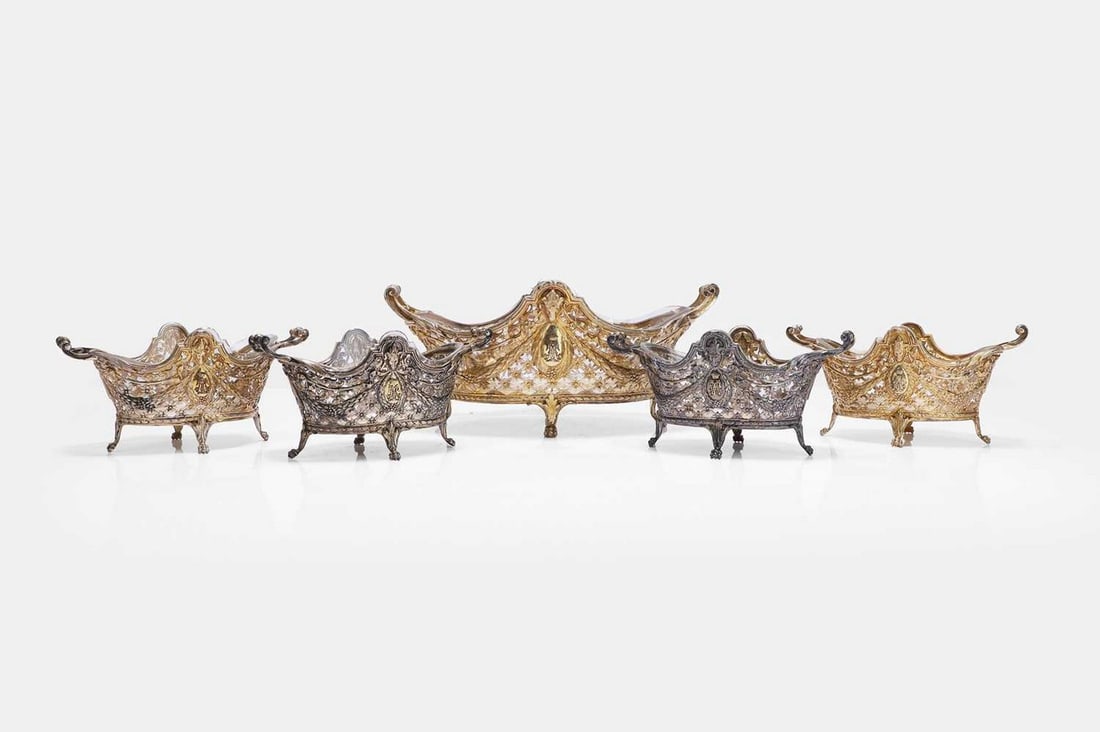 A set of silver-gilt table baskets, late 19th/early 20th century, German, probably Hanau, with (1 of 5)