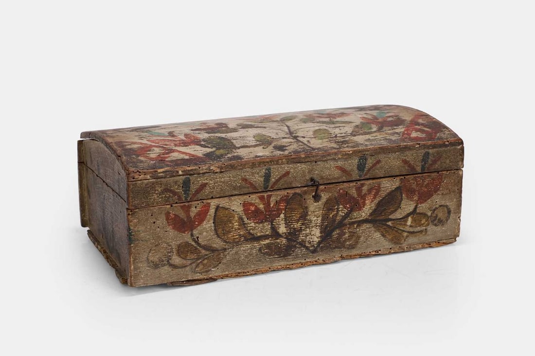 A painted wooden dowry chest, 18th century, French, (1 of 5)